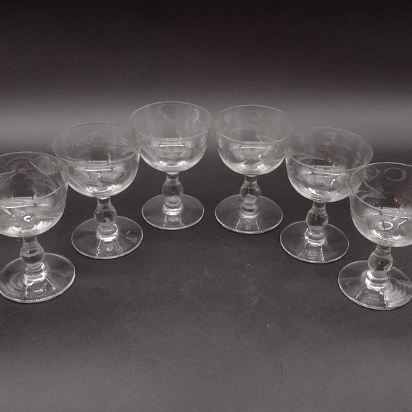 6 Etched Crystal Wine or Liqueur Glasses - Picture 1 of 11